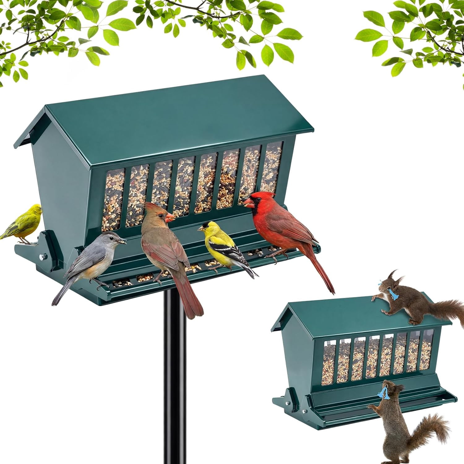 Squirrel Proof Bird Feeder Metal 12lbs Large Capacity for Cardinals Chickadees Green Bird Feeder on Pole for Outdoors, Not Including Pole