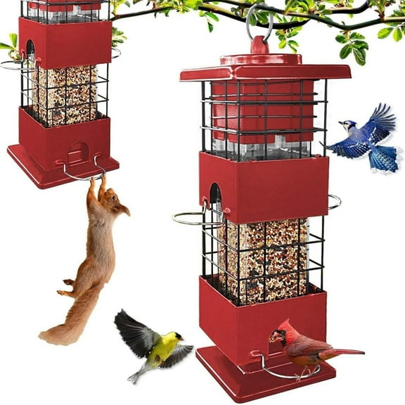 YLTIMER Squirrel Proof Bird Feeder, Metal BirdFeeders for Outdoors Hanging with Detachable Roof, 2.5lb Gravity Protection Wild Birds Seed Feeders for Cardinal Blue Jay Outside Red