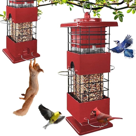 YLTIMER Squirrel Proof Bird Feeder, 3.5lb Metal BirdFeeders for Outdoors Hanging with Detachable Roof, Gravity Protection Wild Birds Seed Feeders for Cardinal Blue Jay Outside Red