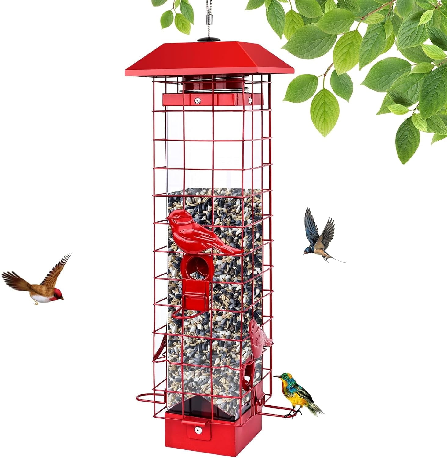 Squirrel-Proof Bird Feeder with Metal Mesh Cage – 3LB Large Capacity, Weight-Activated Perches, Chew-Resistant Outdoor Feeder for Small & Medium Birds