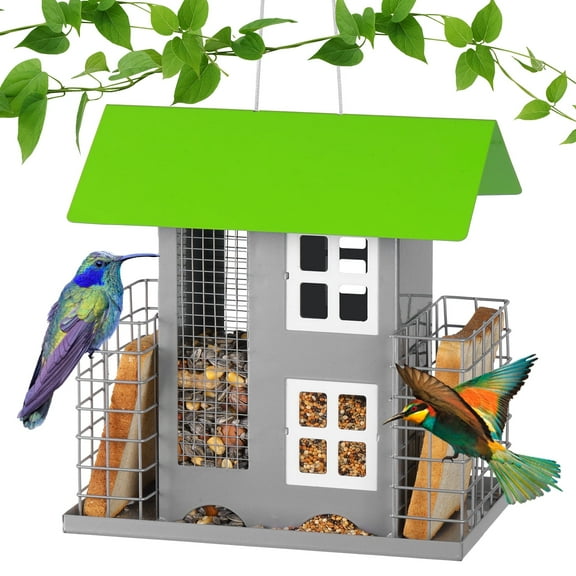 Urban Deco Squirrel-Proof Bird Feeder House for Outdoor Hanging, Metal Bird Seed Feeder with Bilateral Weight-Activated Perches,ldeal for Wild Birds Gift, Easy Refill & Clean,Green