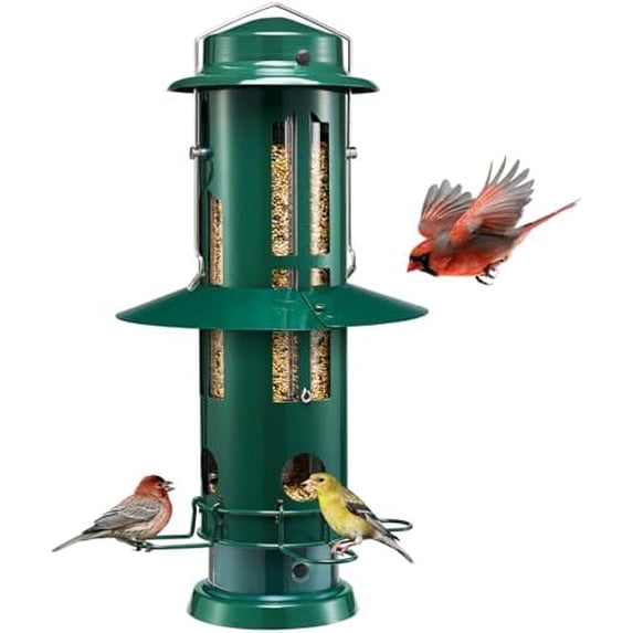 Squirrel Proof Bird Feeders with Weight-Activated Perches, Metal Wild Feeder for Outdoors Hanging, 3 lb Large Seed Capacity, Green