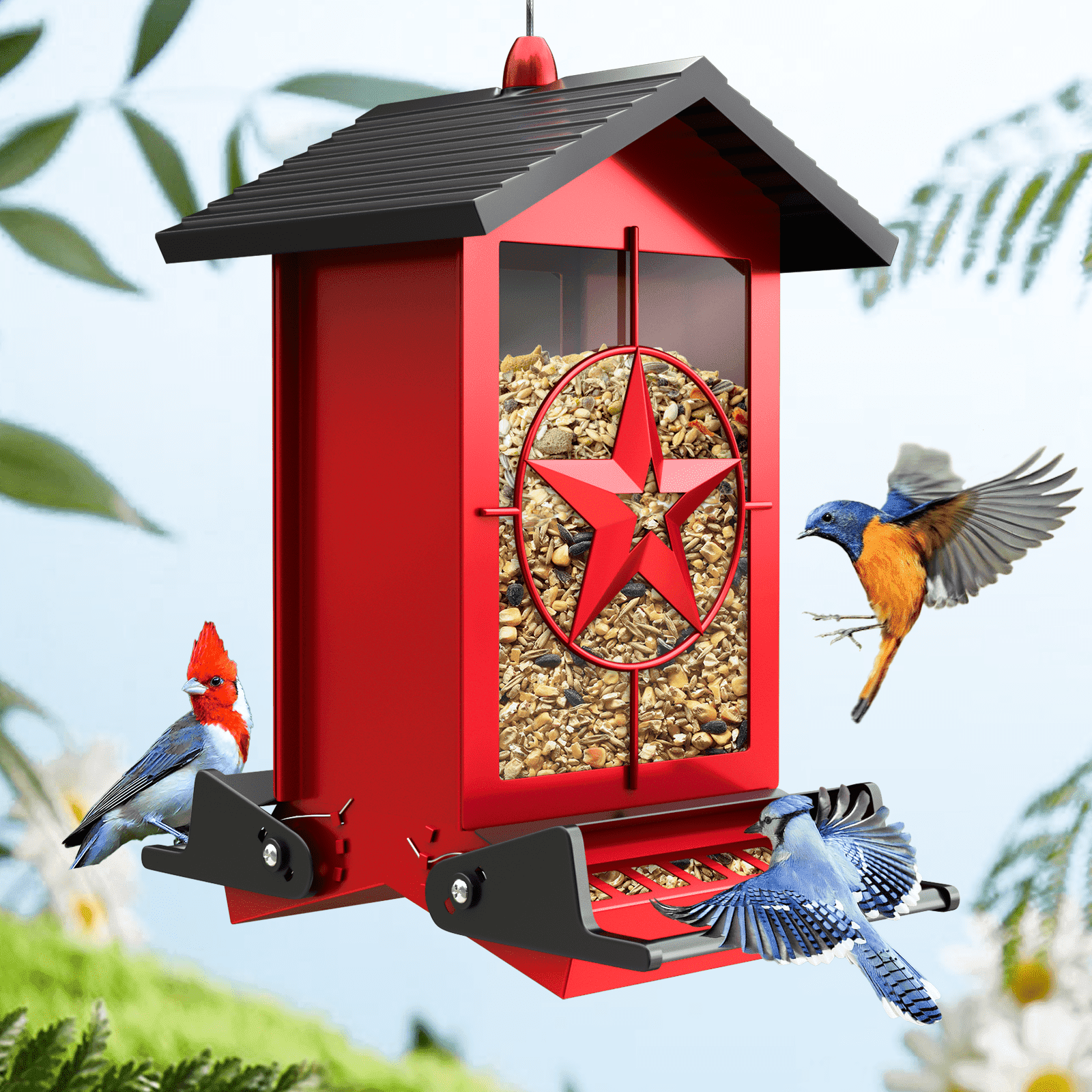 Squirrel Proof Bird Feeder for Outdoors Hanging, Metal Wild Bird Seed Feeder with Bilateral Weight-Activated Perches, 5LB Large Capacity Wild Bird Feeders for Outside Finch, Cardinal, Blue Jay