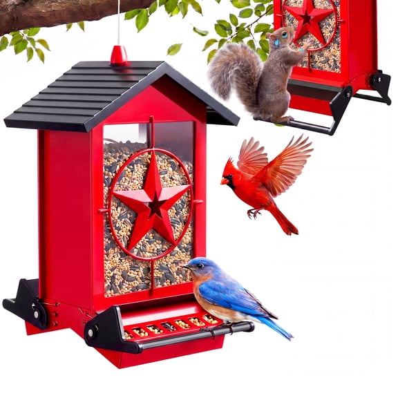 Squirrel Proof Bird Feeder for Outdoors Hanging, Metal Wild Bird Seed Feeder with Bilateral Weight-Activated Perches, 5LB Large Capacity Wild Bird Feeders for Outside Finch, Cardinal, Blue Jay