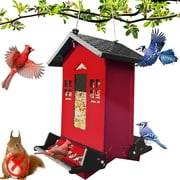 5lbs Squirrel Proof Bird Feeder, Red Metal Bird Seed Feeder for Outdoors Hanging Chew-Proof, Large Seed Capacity for Cardinal, Wild Bird, Finch, Sparrow, Blue Jay, Swallow, Parrot