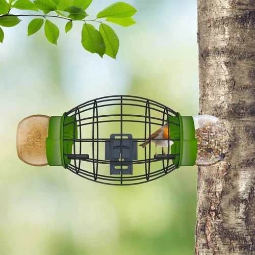 Squirrel Proof Bird Feeding Cage for Outdoor, All-Weather Metal Caged Bird Feeder with Peanut Butter Jar Holder, Trapeze Stick, Chew-Proof Feeding Cage for Small Birds