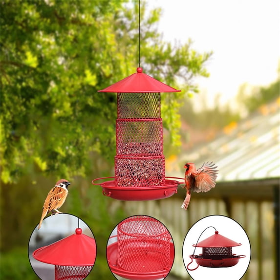 Squirrel Proof Outdoor Bird Feeder with 360° Feeding Tray, Retractable Metal Feeder for Sparrows, Finches, Chickadees, Rust-Resistant