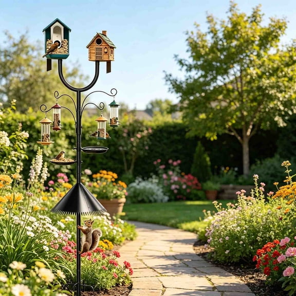 Squirrel Proof U Shape Bird Feeder Pole, Adjustable Height Garden Bird Stand, 2 Platform 4 Hook Outdoor Bird Feeding Support, 61.00in