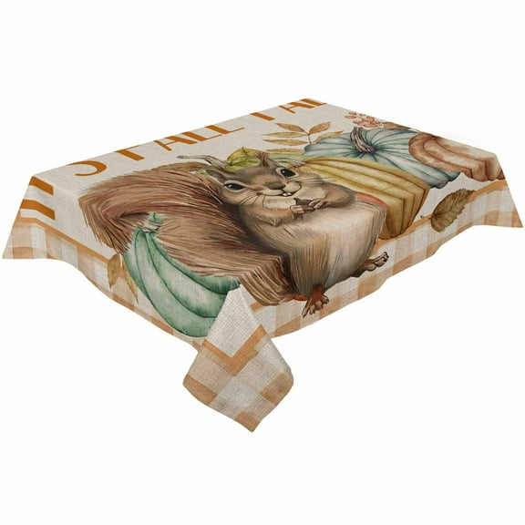 Squirrel Pumpkins Rectangle Tablecloths 60x140,Retro Thanksgiving Orange Buffalo Plaid Table Cloth Table Cover Indoor/Outdoor Tabletop Decor for Wedding Holiday Party Dinner Baby Shower