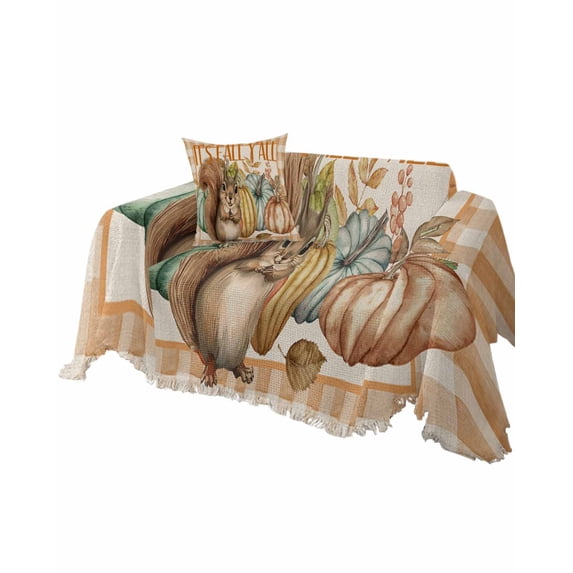 Squirrel Pumpkins Sofa Couch Covers for Dog,Washable Sectional Couch Slipcovers for Loveseat with Tassels,Retro Thanksgiving Orange Buffalo Plaid Non Slip Sofa Throw Cover Blanket Large 71''x102''