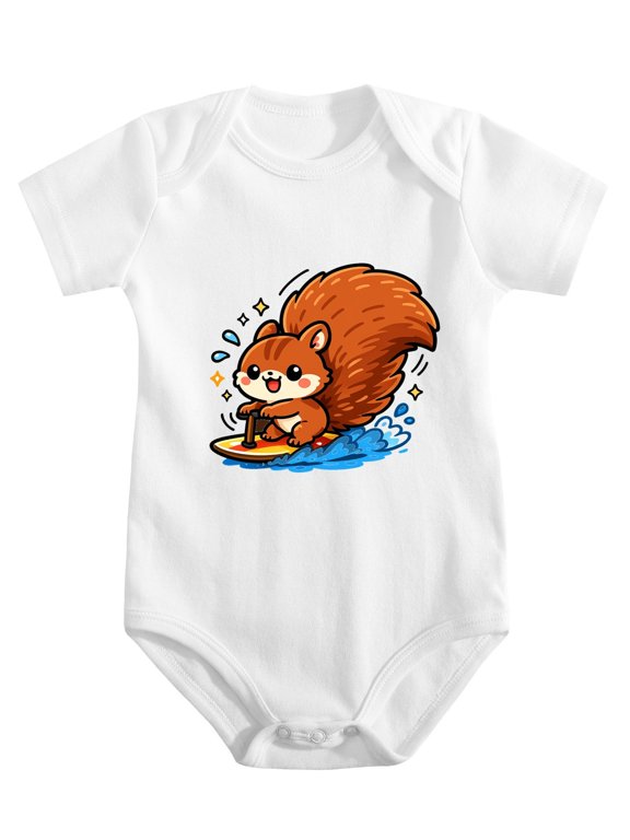 Squirrel Sailing With Fluffy Tail Baby Bodysuit, 100% Cotton Short Sleeve Snap Romper, 0-12 Months