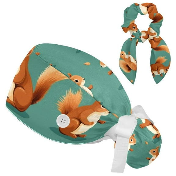 Squirrel Scrub Cap with Scrunchy and Buttons for Long Hair, Adjustable Working Hat Ponytail Hats for Women