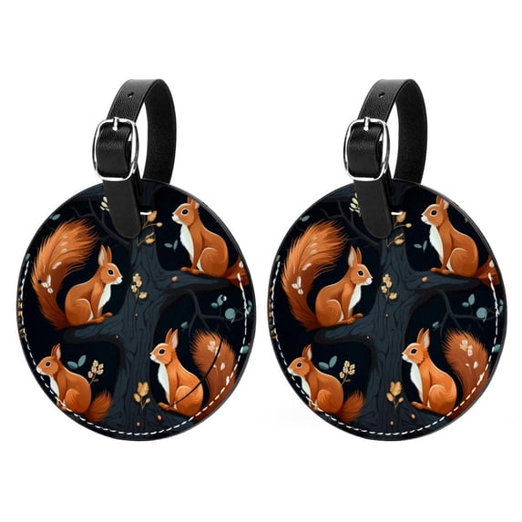 Squirrel Set of 2pcs PU Leather Round Suitcase Tags with Privacy Cover and Name ID Tag - Ideal for Travel Luggage, Handbags, Backpacks, School Bags