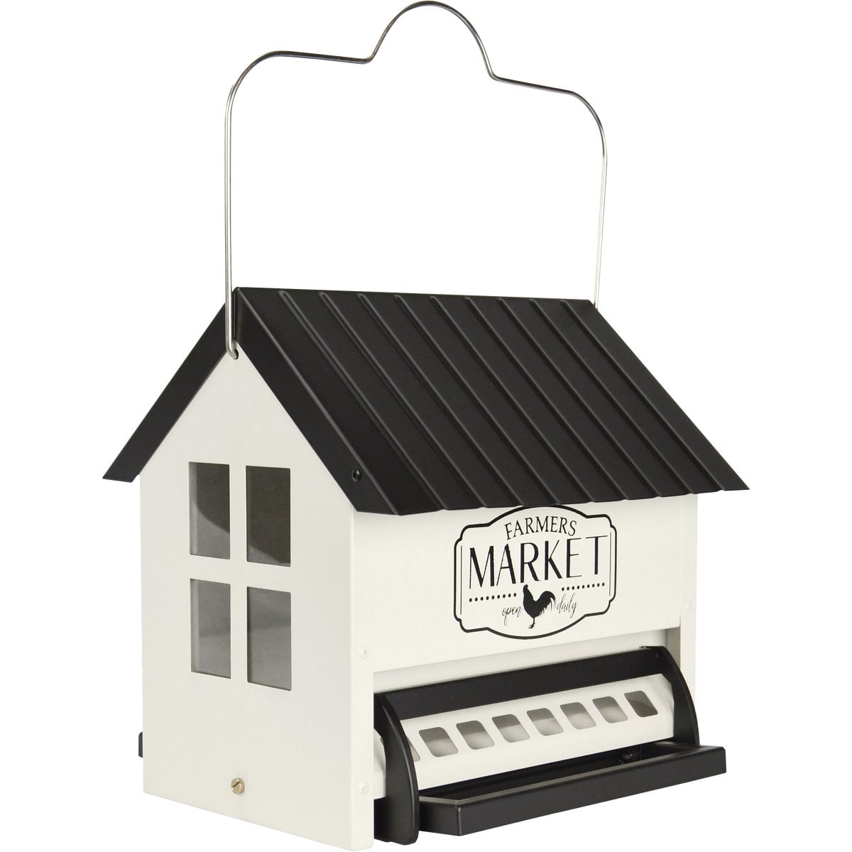 White and Black Metal Squirrel Resistant Hanging Hopper Feeder