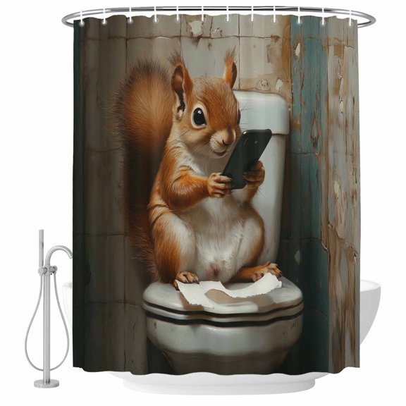 Squirrel Sits on The Toilet Fabric Shower Curtain Funny Squirrel Washable Shower Curtains for Bathroom, Waterproof Bath Curtain with Hooks Home Decor 36x72in