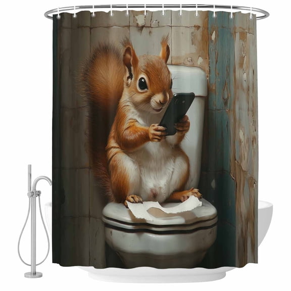Squirrel Sits on The Toilet Fabric Shower Curtain Funny Squirrel Washable Shower Curtains for Bathroom, Waterproof Bath Curtain with Hooks Home Decor 72x72in