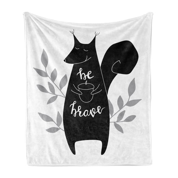 Squirrel Soft Flannel Fleece Blanket, Abstract Black Animal Silhouette with an Inspirational Words Be Brave, Cozy Plush for Indoor and Outdoor Use, 70" x 90", Black Pale Grey White, by Ambesonne