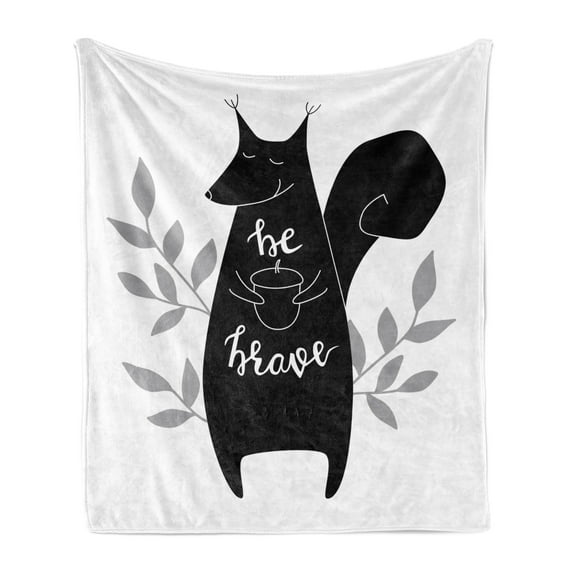 Squirrel Soft Flannel Fleece Blanket, Abstract Black Animal Silhouette with an Inspirational Words Be Brave, Cozy Plush for Indoor and Outdoor Use, 70" x 90", Black Pale Grey White, by Ambesonne