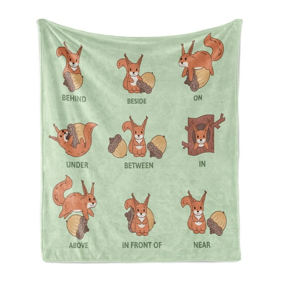 Squirrel Soft Flannel Fleece Blanket, Grammar Prepositions Nut and Fluffy Animal Cartoon Nutcracker Pattern, Cozy Plush for Indoor and Outdoor Use, 70" x 90", Pale Green Dark Peach, by Ambesonne