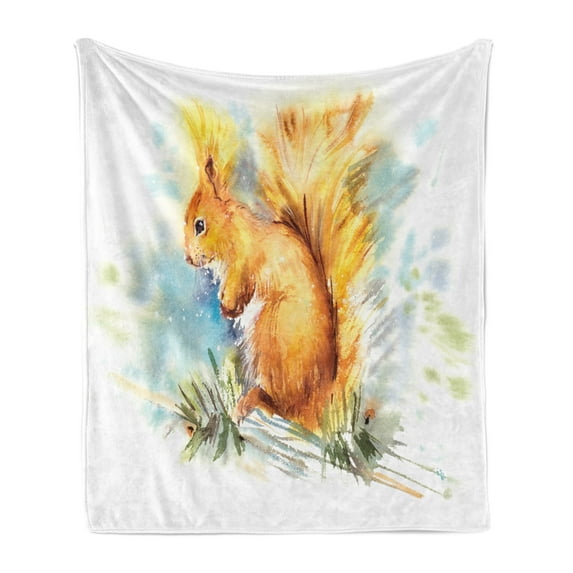 Squirrel Soft Flannel Fleece Blanket, Watercolor Hand-drawn Illustration of a Forest Inhabitant Perched on a Tree Branch, Cozy Plush for Indoor and Outdoor Use, 50" x 70", Multicolor, by Ambesonne