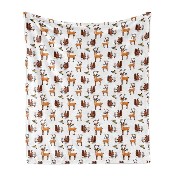 Squirrel Soft Flannel Fleece Throw Blanket, Christmas New Year Nature Pattern with Reindeers and Cardinal Birds Sketch Art, Cozy Plush for Indoor and Outdoor Use, 50" x 70", Multicolor, by Ambesonne