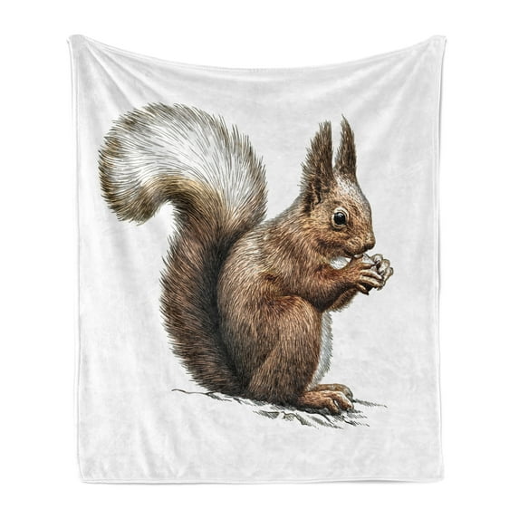 Squirrel Soft Flannel Fleece Throw Blanket, Engraved Style Squirrel Illustration Sketch Artwork Wildlife, Cozy Plush for Indoor and Outdoor Use, 50" x 70", Dark Brown Pale Brown, by Ambesonne