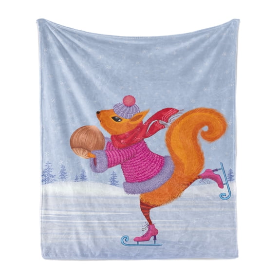 Squirrel Soft Flannel Fleece Throw Blanket, Fashionably Dressed Squirrel Skating with Hazelnut in Her Paws Snowy Winter, Cozy Plush for Indoor and Outdoor Use, 60" x 80", Multicolor, by Ambesonne