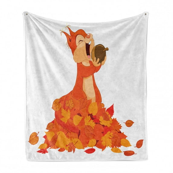 Squirrel Soft Flannel Fleece Throw Blanket, Illustration of Squirrel Eating a Nut on a Pile of Autumn Leaves, Cozy Plush for Indoor and Outdoor Use, 50" x 70", Vermilion Peach Brown, by Ambesonne