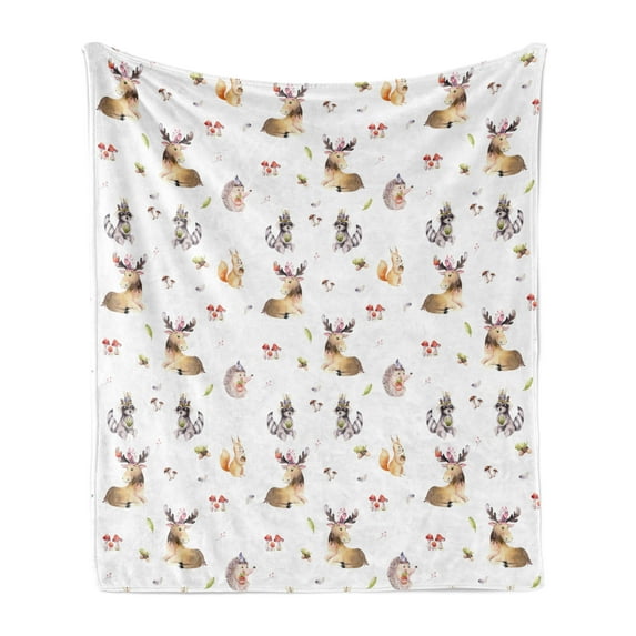 Squirrel Soft Flannel Fleece Throw Blanket, Pattern of Baby Cartoon with Hedgehog and Moose Animals Watercolor Woodland Art, Cozy Plush for Indoor and Outdoor Use, 50" x 60", Multicolor, by Ambesonne
