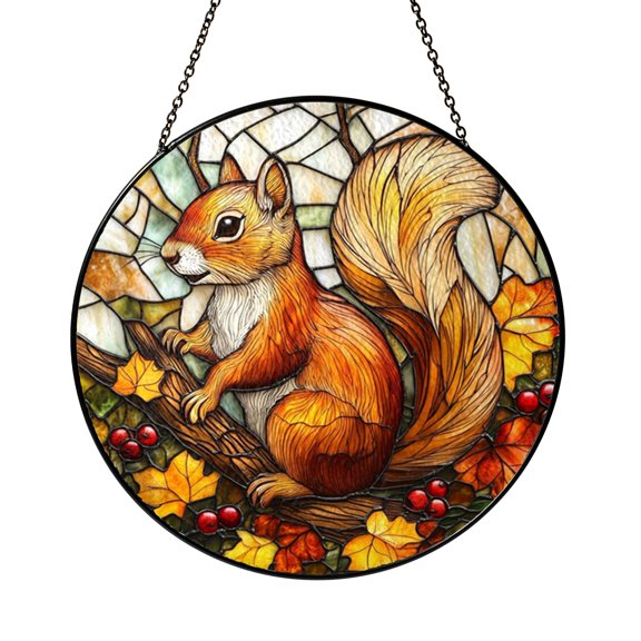 Squirrel Stained Glass Suncatcher – Round Woodland Window Decor2001