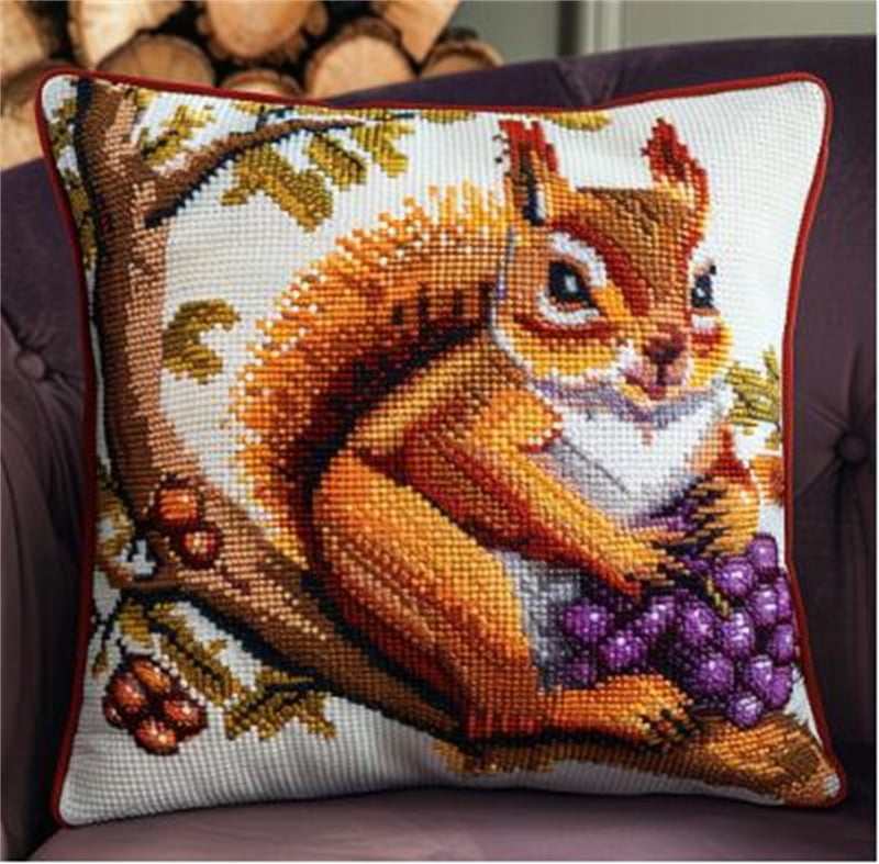 Squirrel Stamped Cross Stitch Pillow Case Kits for Adults , 45X45cm , DIY Handmade Embroidered for Home Decor (11ct)