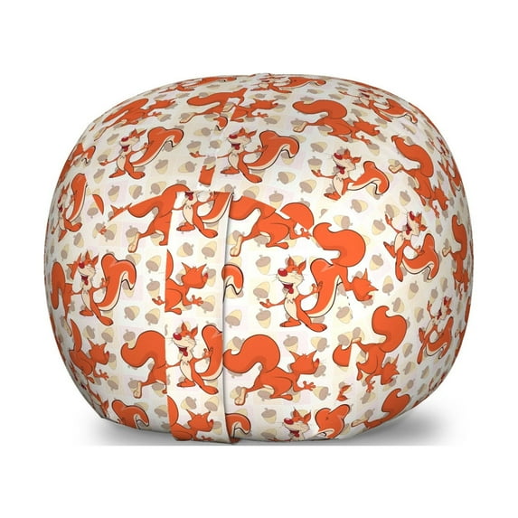 Squirrel Storage Toy Bag Chair, Crazy Cartoon Animal Character Playing with Acorns Playroom, Stuffed Animal Organizer Washable Bag, Small Size, Orange Beige and Taupe, by Ambesonne