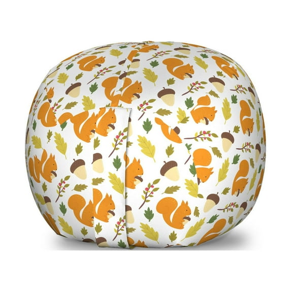 Squirrel Storage Toy Bag Chair, Woodland Pattern with Green Leaves Berries Acorns and Squirrels Theme, Stuffed Animal Organizer Washable Bag, Small Size, Multicolor, by Ambesonne