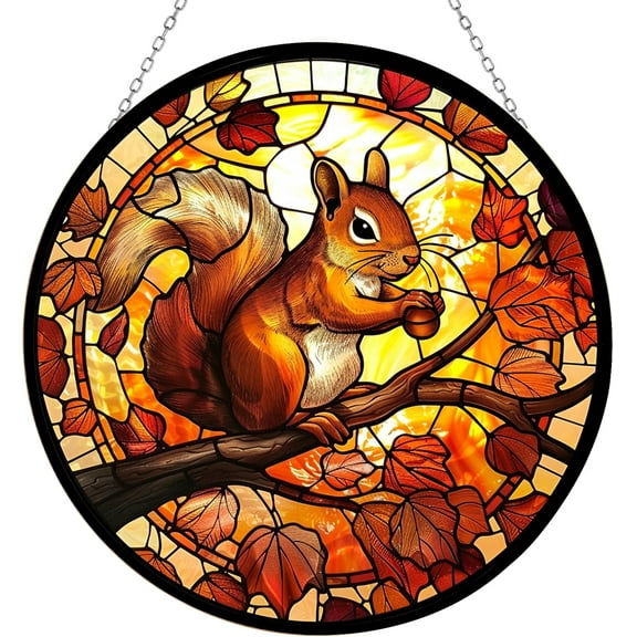 Squirrel Suncatcher Stained Glass Window Hanging Handmade Stained Glass Suncatchers Decoration with Metal Chain Outdoor Garden Decor Gift for Women Christmas Thanksgiving Gifts