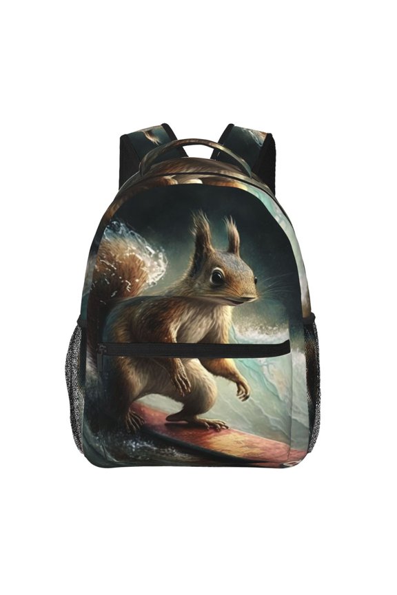 Squirrel Surf Funny Backpack Casual College Bag Zipper Laptop Daypack Hiking Rucksack Travel