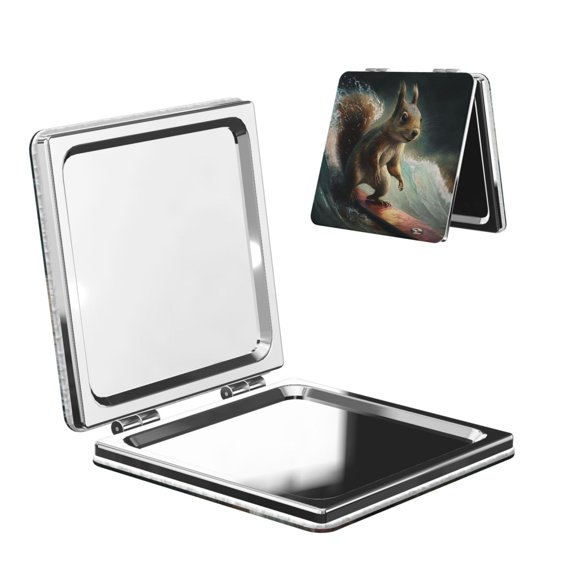 Squirrel Surf Funny Portable Double-Sided Face Mirror Square, Magnifying Compact Pocket Mirror with PU Leather Cover