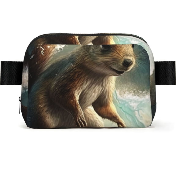 Squirrel Surf Funny Square Fanny Pack Fashion Belt Bag with Adjustable Strap Crossbody Chest Bag for Travel, Running, Gym