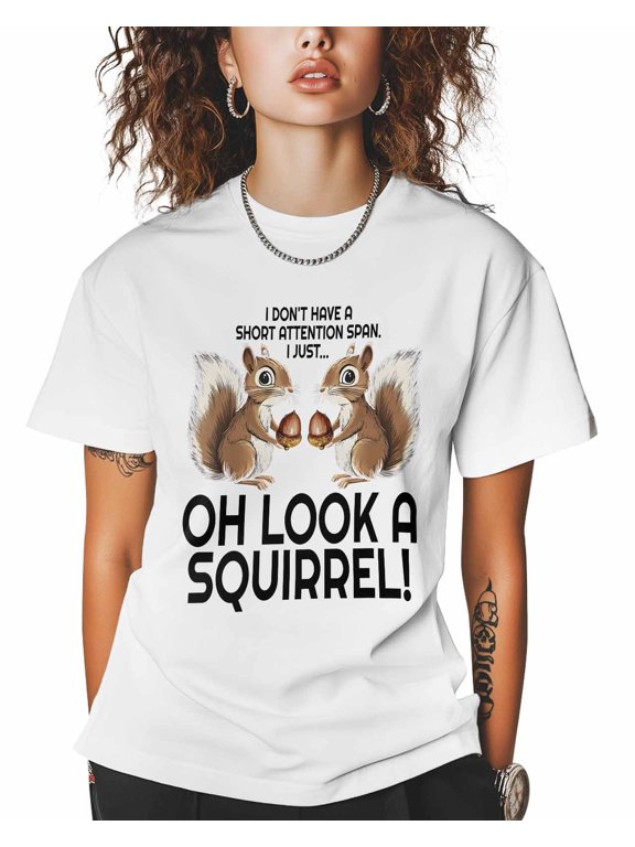 Squirrel T Shirts for Women Short Sleeve Cotton Crewneck T-Shirt OH LOOK A SQUIRREL! Tee Tops Casual Basic T-Shirts, XS-5XL White S
