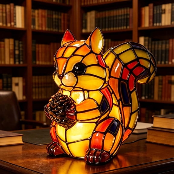Squirrel Table Lamp Stained Glass Style Resin Night Light USB Powered LED Lamp for Bedside Whimsical Animal Home Decor Accent with Warm Glow