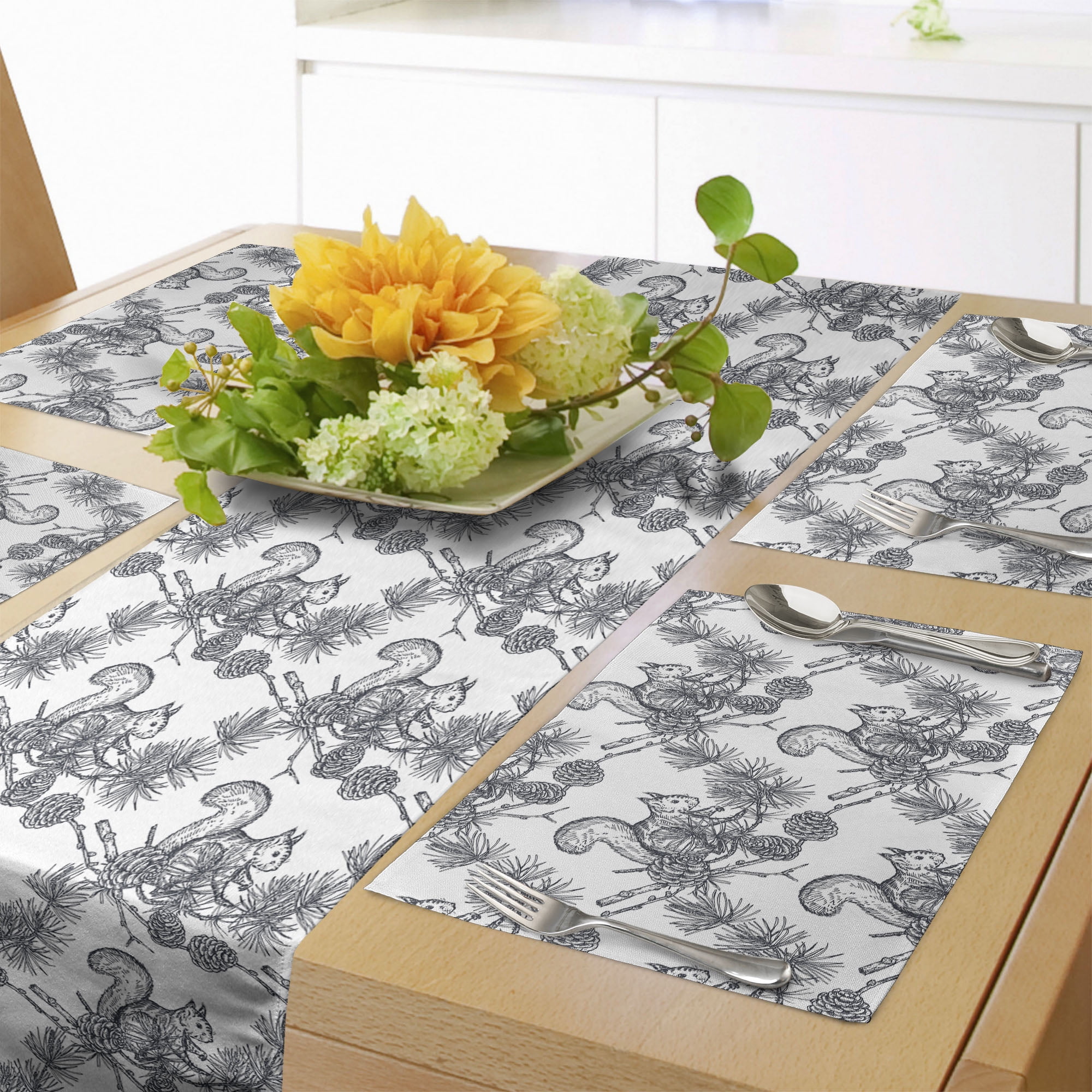 Squirrel Table Runner & Placemats, Pine Cones Fluffy Tree Friend