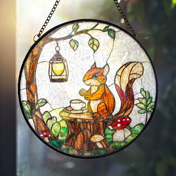 Squirrel Tea Time Glass Suncatcher, Woodland Animal Decor Forest Scene Cute Nature, 7.9 in