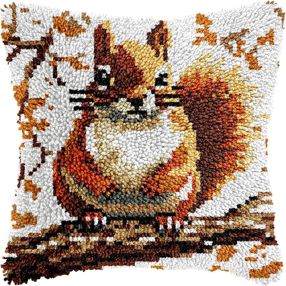 Squirrel on Tree Latch Hook Kits Pillow kits Cushion Throw Pillow Embroidery Craft Kits DIY Kits of DIY Hooking Pillowcase Cover Supplier with Color Printed Canvas 43x43cm (171)