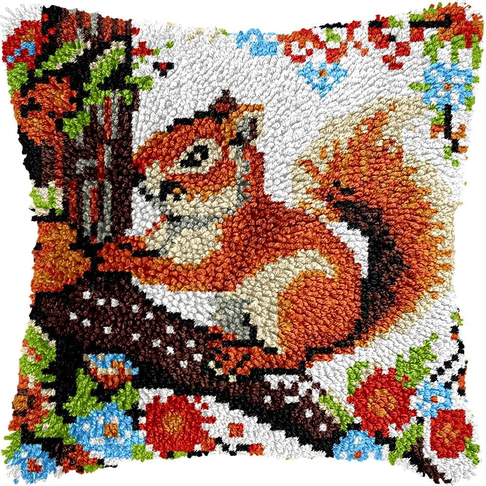 Squirrel on Tree Latch Hook Pillow Kits for DIY Handmade Throw Pillow Cushion Embroidery Latch Hooking Pillowcase Kits with Preprinted Canvas Crochet Yarn Kits 17''X 17''(g289)