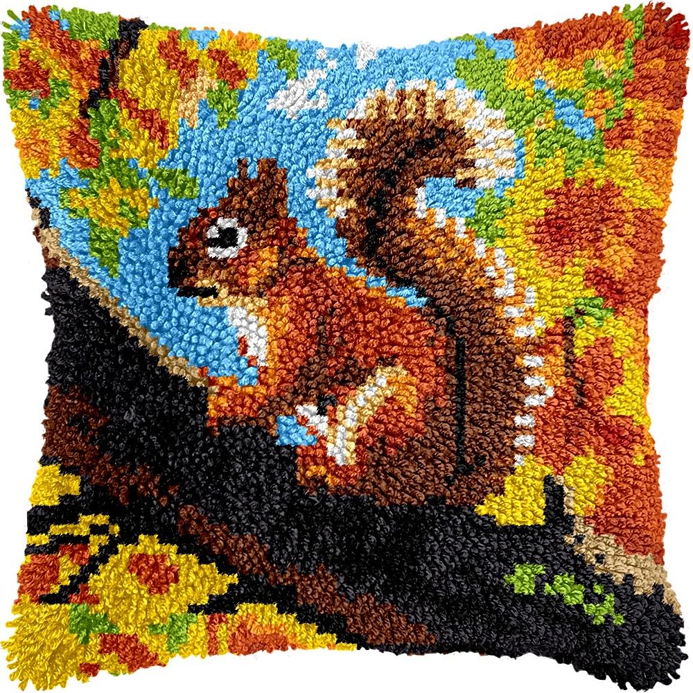 Squirrel on Tree Latch Hook Pillow Kits for DIY Handmade Throw Pillow Cushion Embroidery Latch Hooking Pillowcase Kits with Preprinted Canvas Crochet Yarn Kits 17''X 17''(g294)