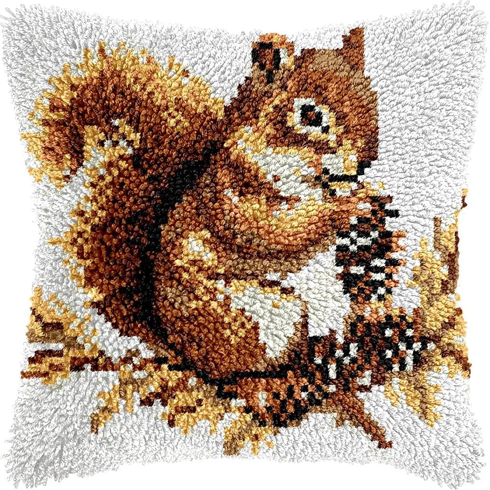 Squirrel on Tree Latch Hook Pillow Kits Pillow Cover Latch Hook Crafts Crochet Knitted Hooking Pillowcase Cushion Crafts Embroidery Latch Hooking Kits Material Set 17x17 inch(177)