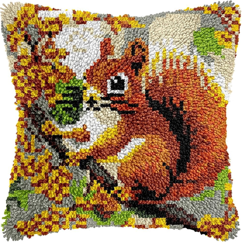 Squirrel on Tree Latch Hook Pillow Kits Pillow Cover Latch Hook Crafts Crochet Knitted Hooking Pillowcase Cushion Crafts Embroidery Latch Hooking Kits Material Set 17x17 inch(130)