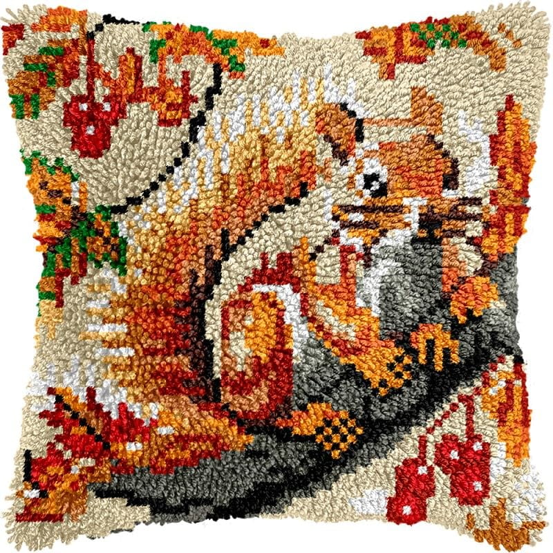 Squirrel on Tree Latch Hook Pillow Kits Pillow Cover Pattern Printed Canvas Crochet Cross Stich Hooking Pillowcase Cushion Crafts Embroidery Latch Hooking Crochet Kits Set 17x17 inch(76)