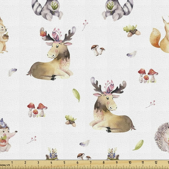 Ambesonne Squirrel Fabric by the Yard Upholstery, Hedgehog Moose Watercolors, 10 Yards, Multicolor