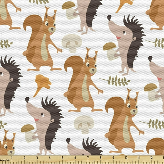 Ambesonne Squirrel Fabric by the Yard Upholstery, Cartoon Mushroom Leaves, 2 Yards, Multicolor