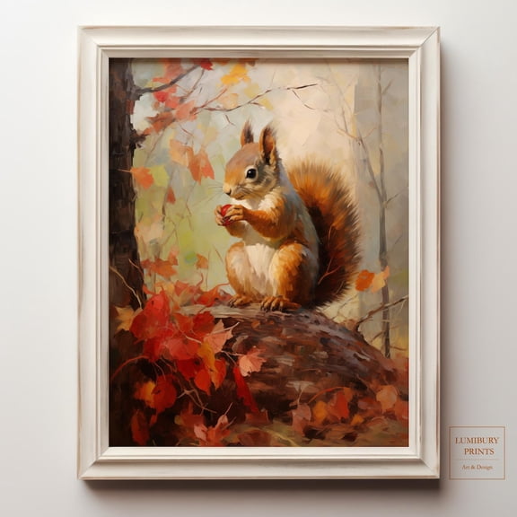 Squirrel Wall Art, Woodland Animal Print, Autumn Wall Art, Rustic Forest Wall Art, Cabin Wall Decor, Fall Nature Wall Art, Home Decor #2352, Unframed Canvas Size 24x36